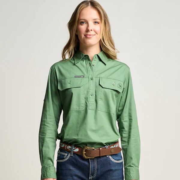 SOMERSET | Womens Half Button Long Sleeve Work Shirt - Gum Leaf Green Thumbnail